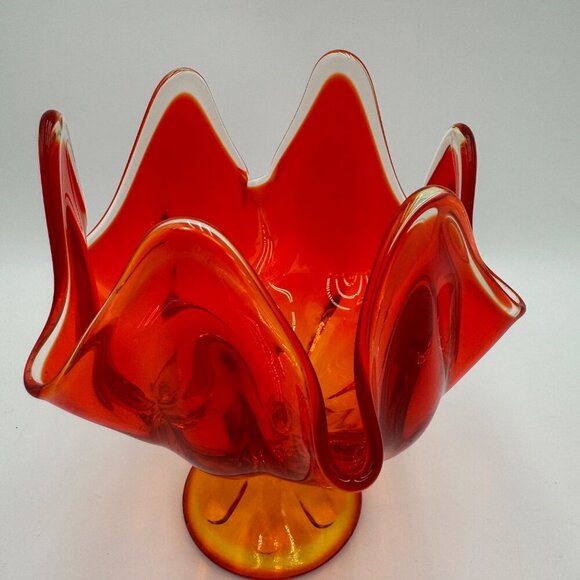 Vintage Viking Epic Swung Glass Handkerchief Vase Amberina 6 Petal Pedestal - Picture 2 of 10